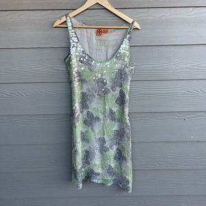 Tory Burch white grey green dot floral print clear sequin embellished silk dress